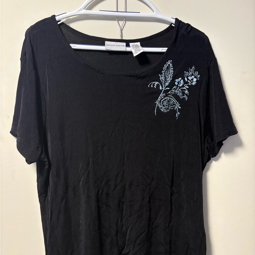 Jaclyn Smith Black Short Sleeve Tee with Light Blue Floral Embroidery